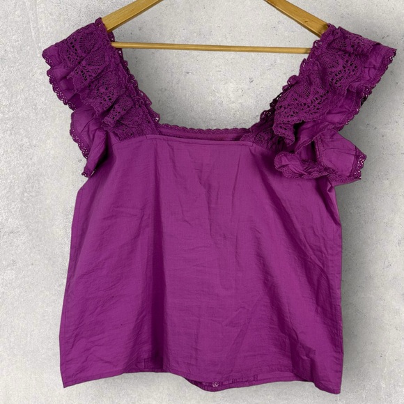 Sezane Lexy Blouse Size 38 French US 6 Square Neck Lace Frill Organic Cotton Top - Picture 8 of 15